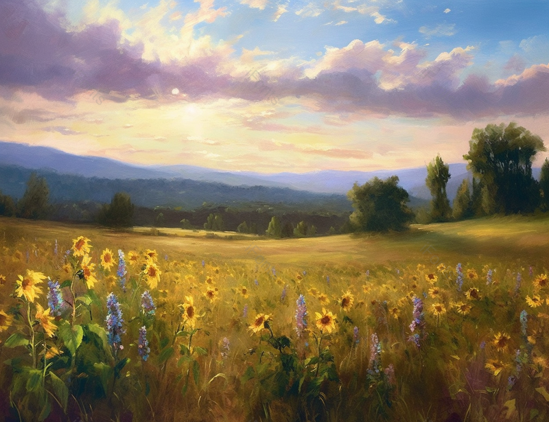 夏日的森林中平坦的草地上花簇雏菊矢车菊野花盛开油画,插画/手绘图,插画/手绘图库,插画/手绘图下载,插画/手绘